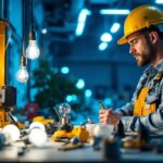 A photograph of a skilled lighting contractor working on an installation