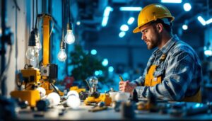 A photograph of a skilled lighting contractor working on an installation