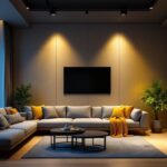 A photograph of a modern living space illuminated by recessed lights