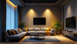 A photograph of a modern living space illuminated by recessed lights