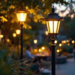 A photograph of a beautifully illuminated outdoor lamp post in a residential or commercial setting