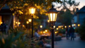 A photograph of a beautifully illuminated outdoor lamp post in a residential or commercial setting