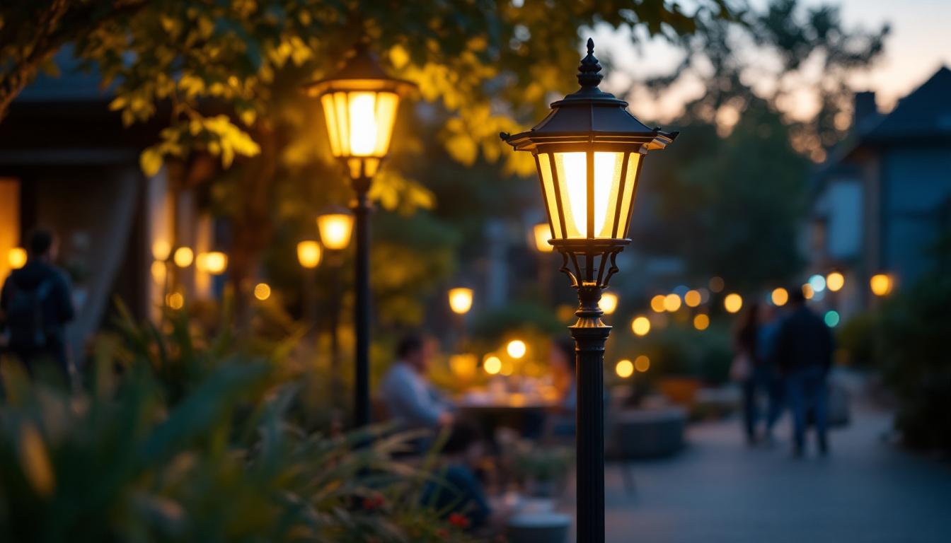A photograph of a beautifully illuminated outdoor lamp post in a residential or commercial setting
