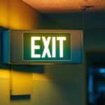 A photograph of a well-lit combination exit sign emergency light installed in a commercial setting