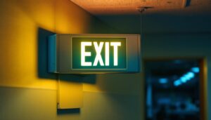 A photograph of a well-lit combination exit sign emergency light installed in a commercial setting