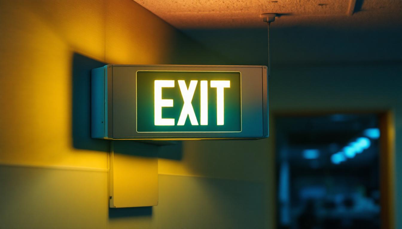 A photograph of a well-lit combination exit sign emergency light installed in a commercial setting