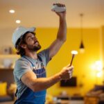A photograph of a skilled lighting contractor installing a sleek