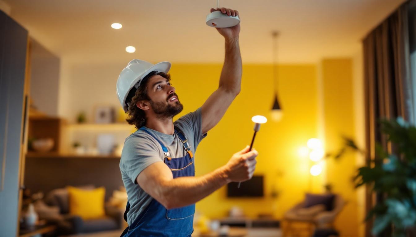 A photograph of a skilled lighting contractor installing a sleek