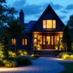 A photograph of a beautifully illuminated outdoor space featuring solar-powered lights