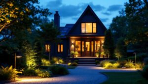 A photograph of a beautifully illuminated outdoor space featuring solar-powered lights
