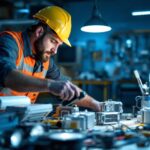 A photograph of a lighting contractor examining or installing a variety of ballasts alongside different lighting fixtures in a well-lit workspace