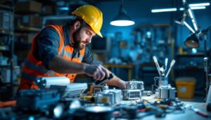 A photograph of a lighting contractor examining or installing a variety of ballasts alongside different lighting fixtures in a well-lit workspace
