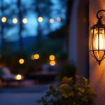 A photograph of a beautifully designed outdoor lighting sconce illuminating a cozy patio or garden setting at dusk