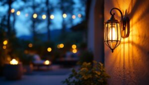 A photograph of a beautifully designed outdoor lighting sconce illuminating a cozy patio or garden setting at dusk