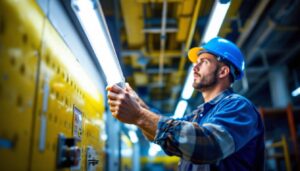A photograph of a lighting contractor efficiently installing f32t8/tl741 fluorescent bulbs in a commercial setting
