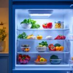 A photograph of a modern freezer with an interior light illuminating its contents