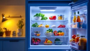 A photograph of a modern freezer with an interior light illuminating its contents