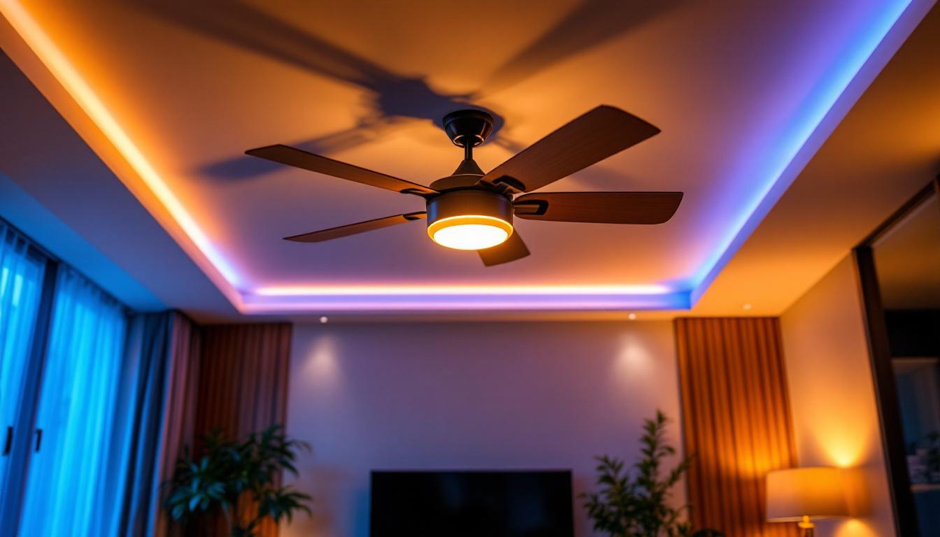 A photograph of a well-lit ceiling fan installation in a modern living space
