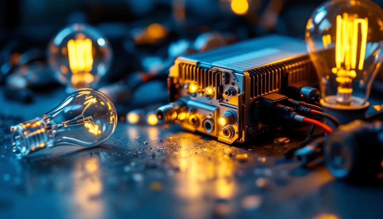 A photograph of a close-up of a light ballast alongside various types of light bulbs