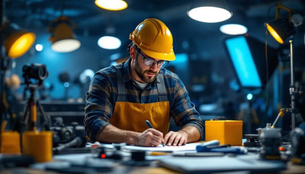 A photograph of a lighting contractor engaged in a collaborative discussion with clients or team members