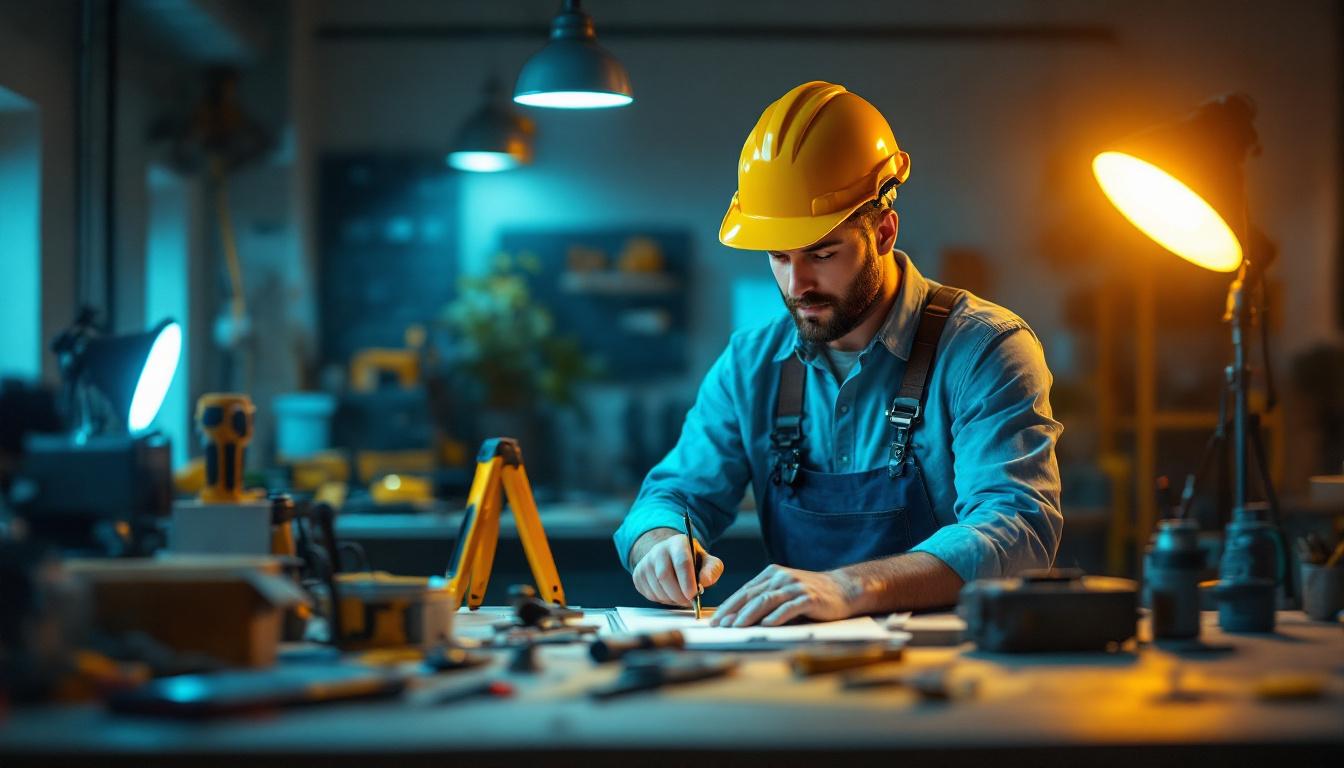 A photograph of a lighting contractor at work