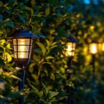 A photograph of capture a photograph of beautifully illuminated waterproof landscape lighting fixtures installed in a lush garden setting at dusk