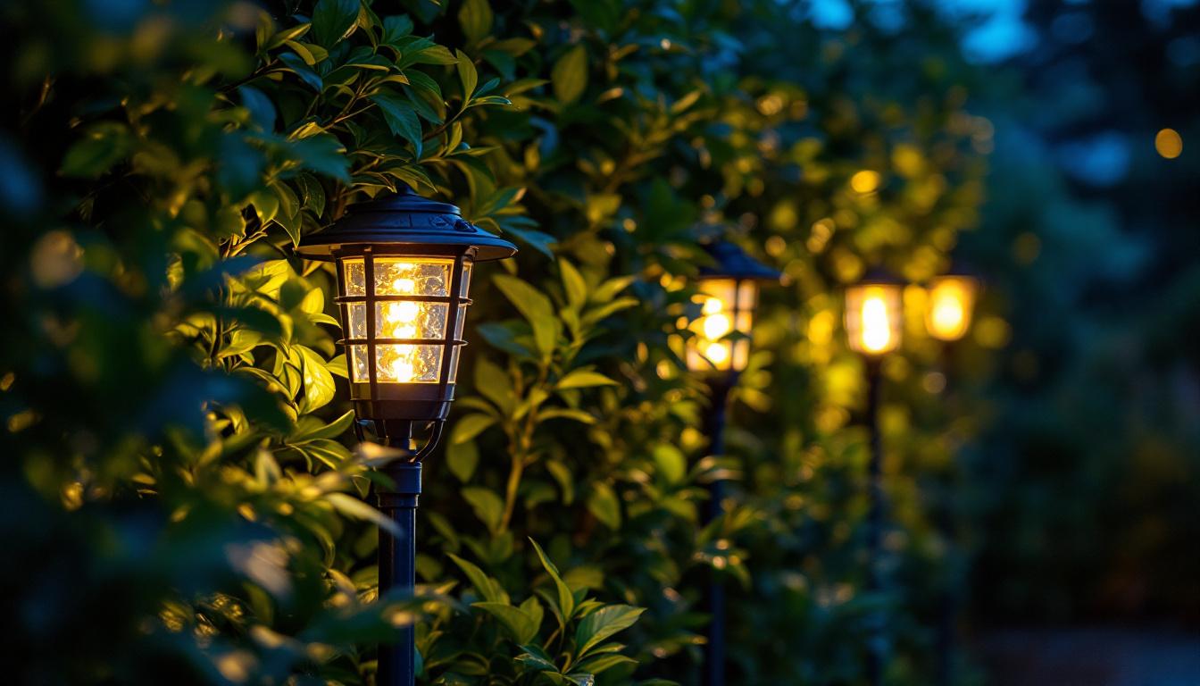A photograph of capture a photograph of beautifully illuminated waterproof landscape lighting fixtures installed in a lush garden setting at dusk