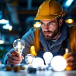 A photograph of a lighting contractor examining various type g light bulbs in a well-lit workspace