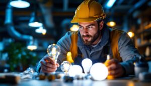 A photograph of a lighting contractor examining various type g light bulbs in a well-lit workspace