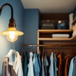 A photograph of a stylish closet pull chain light fixture in a well-organized closet