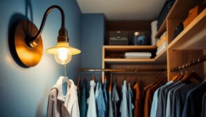 A photograph of a stylish closet pull chain light fixture in a well-organized closet