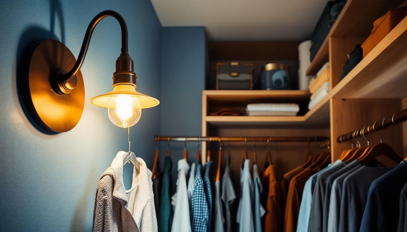 A photograph of a stylish closet pull chain light fixture in a well-organized closet