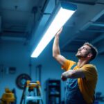 A photograph of a well-lit garage workspace featuring a contractor installing or adjusting a modern fluorescent light fixture