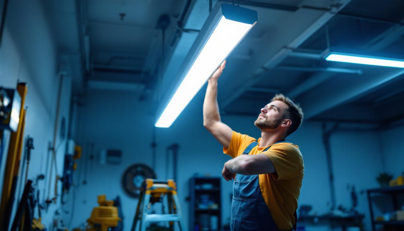 A photograph of a well-lit garage workspace featuring a contractor installing or adjusting a modern fluorescent light fixture
