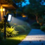 A photograph of a well-lit outdoor scene featuring a flood light with a motion detector in action