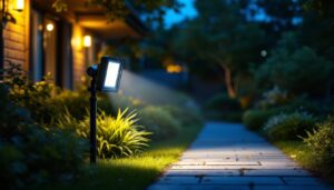 A photograph of a well-lit outdoor scene featuring a flood light with a motion detector in action