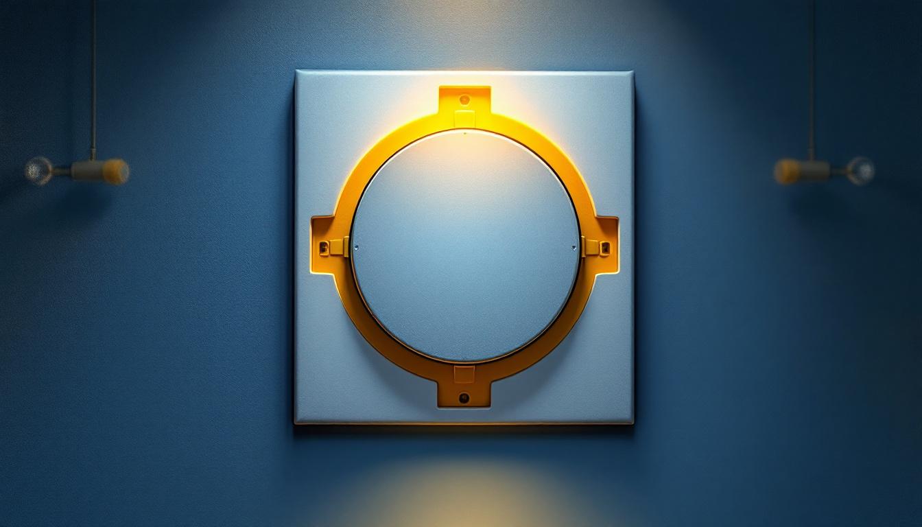 A photograph of a round electrical junction box cover installed in a well-lit