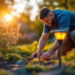 A photograph of a lighting contractor installing in-ground solar lights in a landscaped outdoor setting