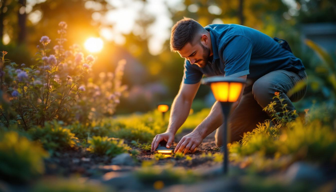 A photograph of a lighting contractor installing in-ground solar lights in a landscaped outdoor setting