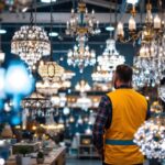 A photograph of a beautifully arranged display of various wholesale chandeliers in a well-lit showroom