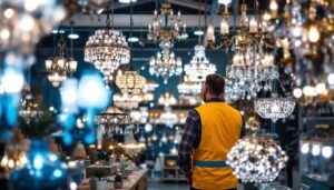 A photograph of a beautifully arranged display of various wholesale chandeliers in a well-lit showroom
