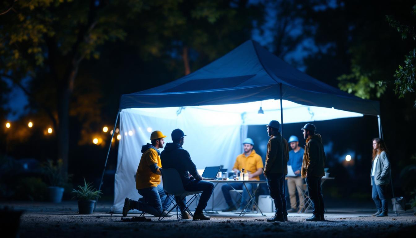 A photograph of a solar tent lamp illuminated in a nighttime outdoor setting