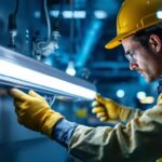 A photograph of a skilled lighting contractor expertly replacing a fluorescent ballast in a commercial setting