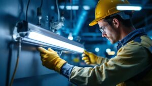 A photograph of a skilled lighting contractor expertly replacing a fluorescent ballast in a commercial setting