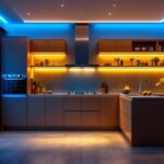 A photograph of a beautifully illuminated kitchen featuring stylishly installed strip led lights