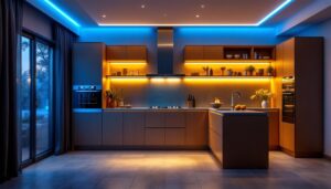 A photograph of a beautifully illuminated kitchen featuring stylishly installed strip led lights