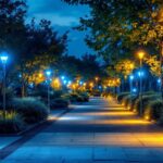 A photograph of a well-lit outdoor setting showcasing various led light installations