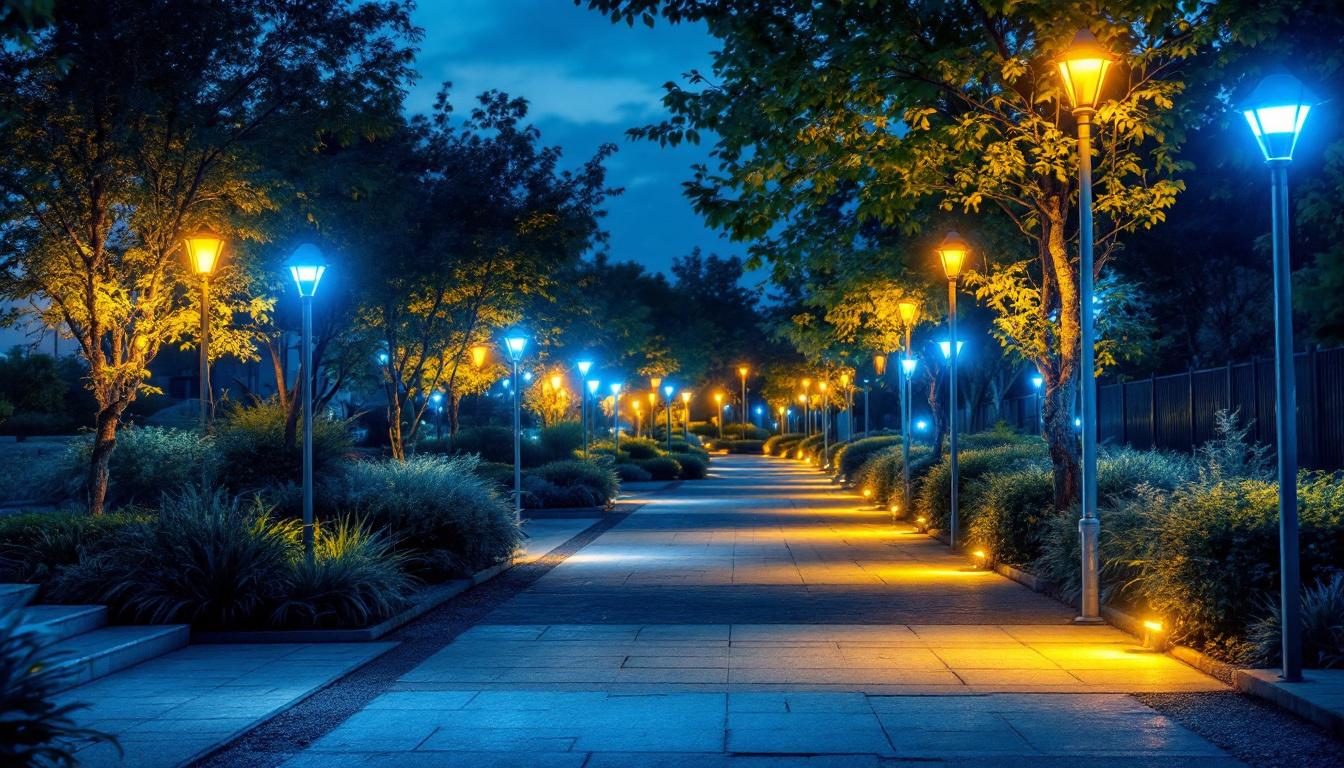 A photograph of a well-lit outdoor setting showcasing various led light installations