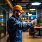 A photograph of a skilled lighting contractor installing modern