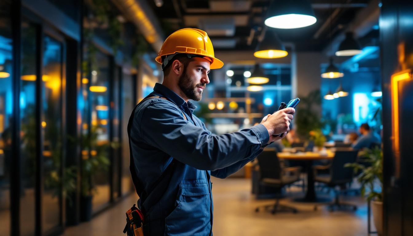 A photograph of a skilled lighting contractor installing modern